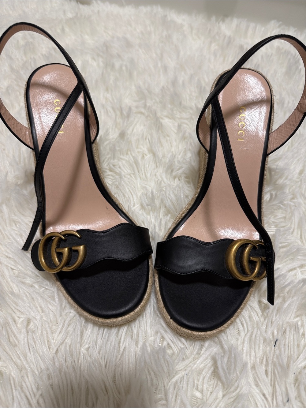 Gucci Black Leather Espadrille Slingback Wedges with Gold Double G